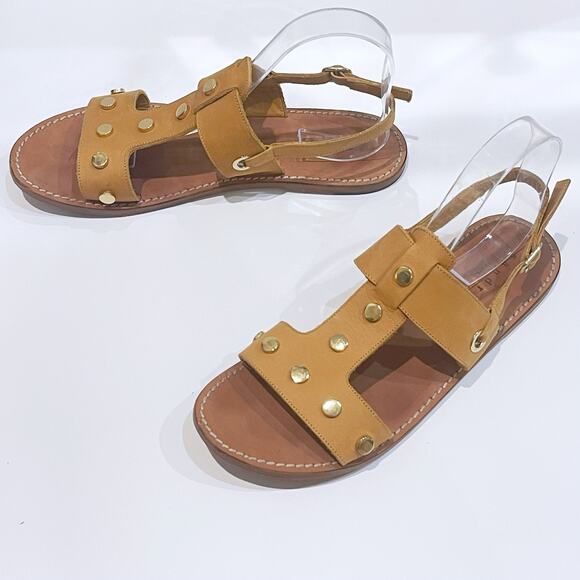 SANDRO Paris 40 Leather Sandals Flat Gold Stud Detail Designer 9 10 Camel Summer - Picture 1 of 10